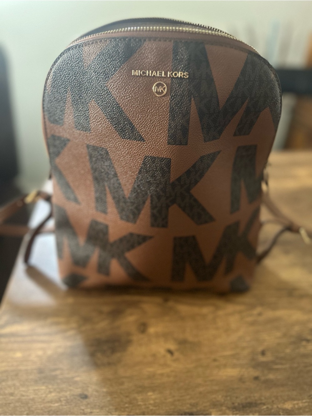 Michael Kors Brown Logo Print Mini Backpack with Gold Hardware
